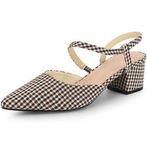 Houndstooth Pumps Slip on Pointed Toe Slingback Chunky Heels Pump